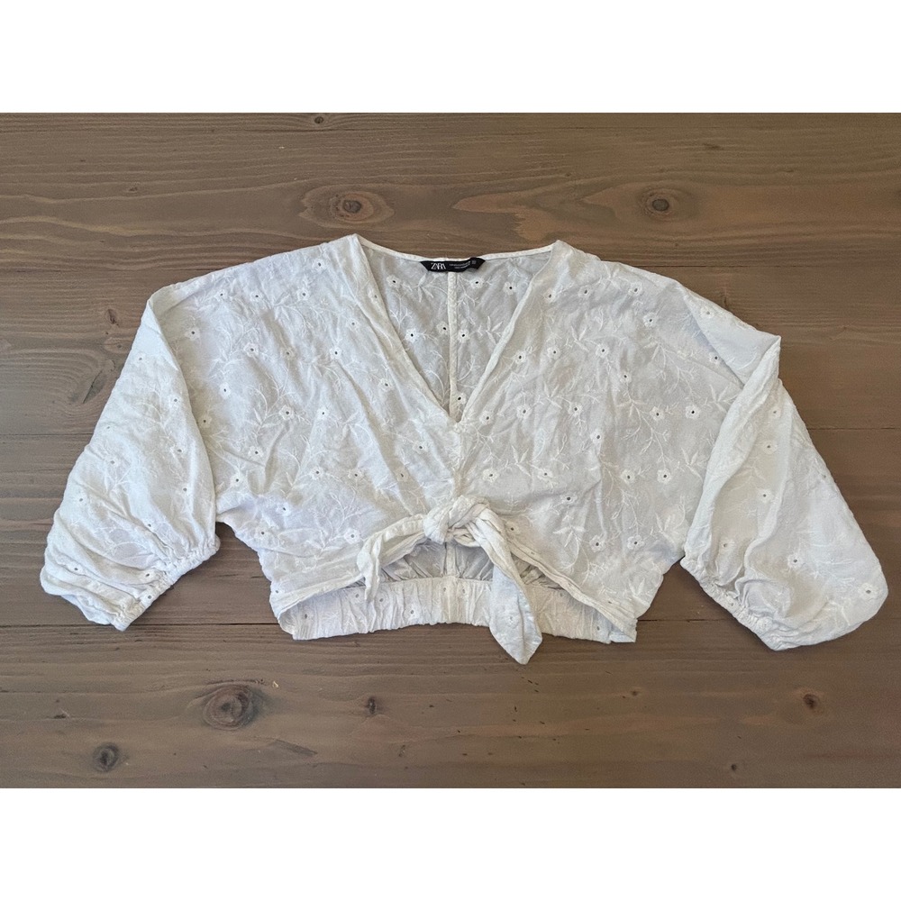 G25 Zara White Eyelet Embroidered Tie Front Crop Top Puff Sleeve Blouse XS